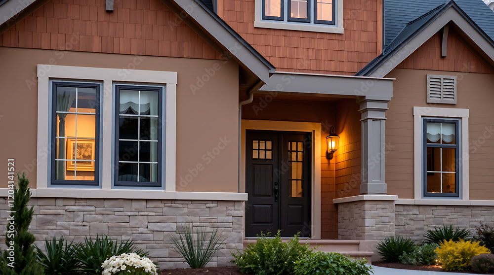Fototapeta premium Luxury Home Exterior at Dusk: Modern Architectural Design, Stone Facade, and Landscaping