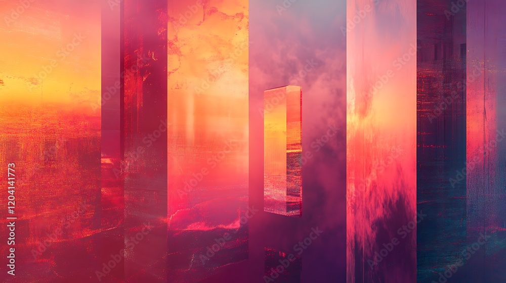 Abstract Red Orange Sunset Cityscape with Glass Columns