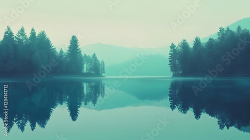 Tranquil reflection of pine trees on serene lake nature landscape foggy environment peaceful viewpoint photo
