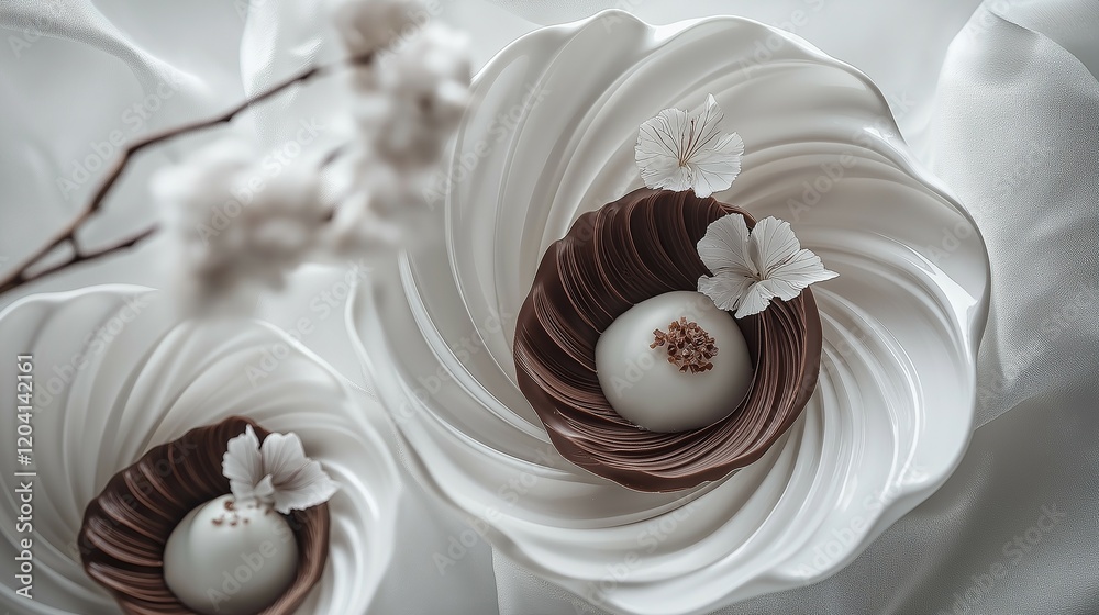 Artistic chocolate plate designs with abstract swirls and edible floral accents, served on elegant white ceramics under soft restaurant lighting Artistic chocolate plate designs with abstract swirls and edible floral accents, served on elegant white ceramics under soft restaurant lighting