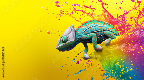 Chameleon blending into a rainbow splash backdrop, playful yellow background