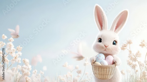 Cute Easter bunny with a basket of colorful eggs among blooming flowers in a sunny spring setting