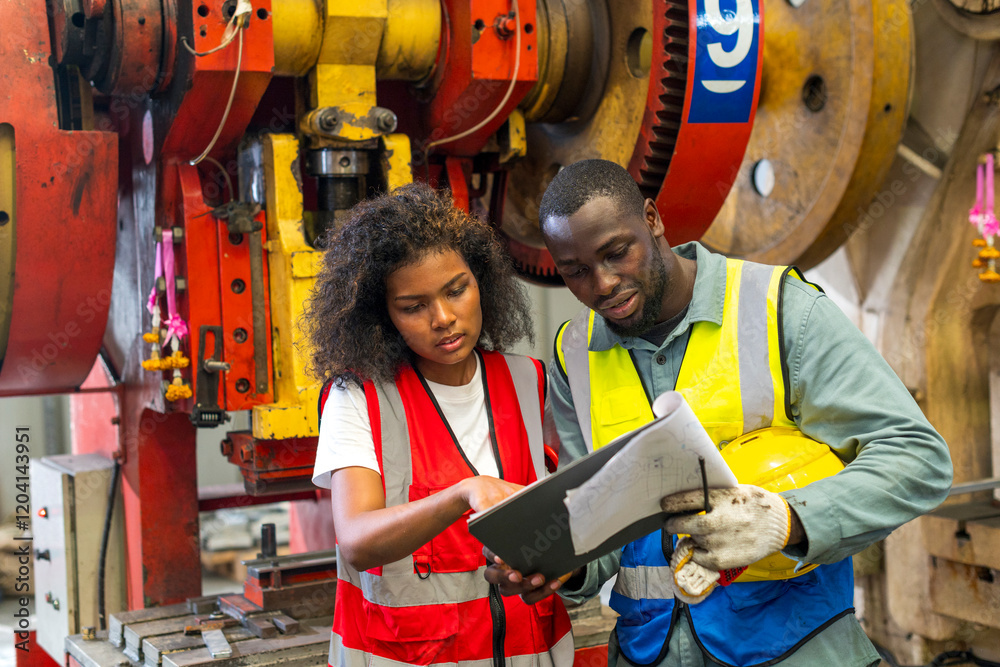 African workers working team happy aftter working of maintenance machine in heavy industrial factory