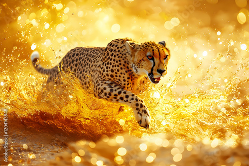 Cheetah sprinting through a golden splash, bright amber background