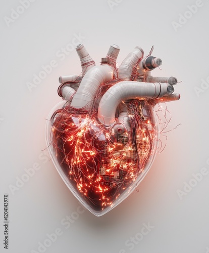 Heart-shaped sculpture infused with glowing lights and intricate tubing forms a captivating fusion of art and imagination. Generative AI photo