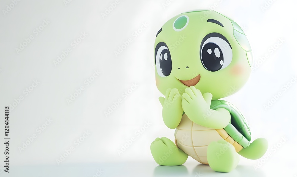 Fototapeta premium Cute cartoon turtle sitting, smiling, hands on cheeks.