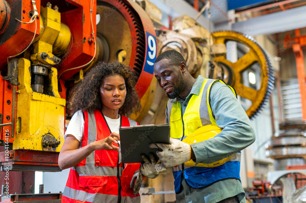 African workers working team happy aftter working of maintenance machine in heavy industrial factory