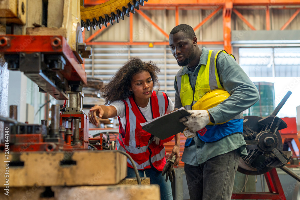 African workers working team happy aftter working of maintenance machine in heavy industrial factory