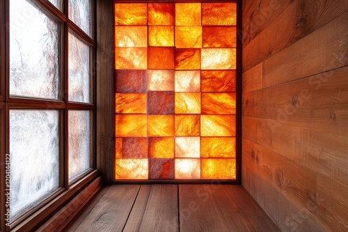 Modern architectural design featuring colorful backlit glass panel and warm wooden interior, creating a unique contemporary ambiance in a cozy space