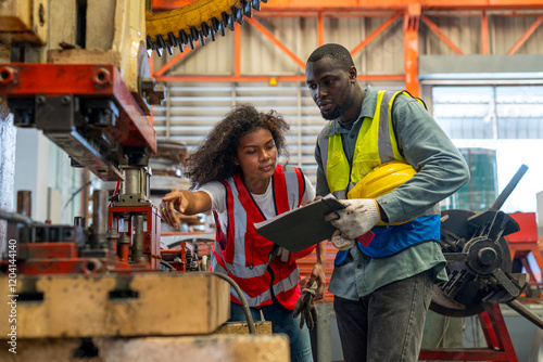 Obraz na płótnie African workers working team happy aftter working of maintenance machine in heavy industrial factory w salonie
