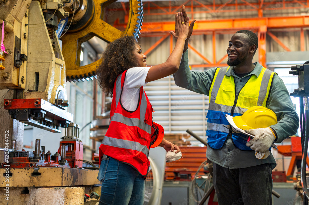 African workers working team happy aftter working of maintenance machine in heavy industrial factory