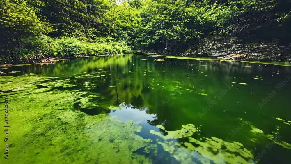 Serene green pond surrounded by lush trees reflecting the clear sky in a tranquil natural setting Serene green pond surrounded by lush trees reflecting the clear sky in a tranquil natural setting