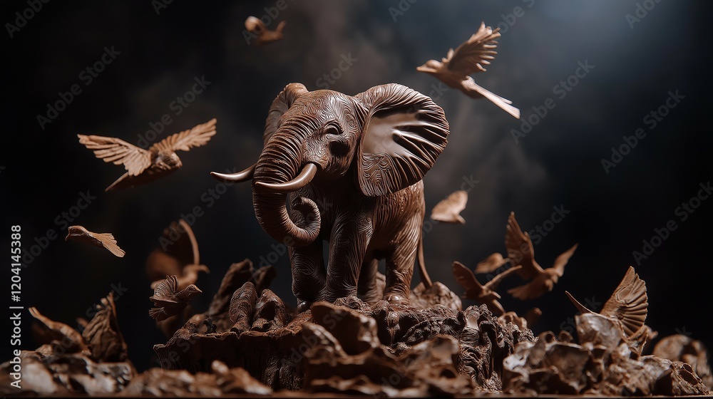 Obraz premium Artistic chocolate sculptures themed around animals, like elephants or birds, set in a studio with a spotlight and dark backdrop