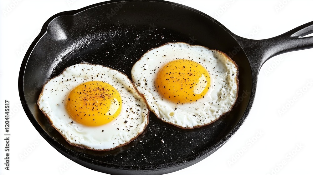 Two fried eggs in a cast iron pan, seasoned with pepper and salt. Two fried eggs in a cast iron pan, seasoned with pepper and salt.