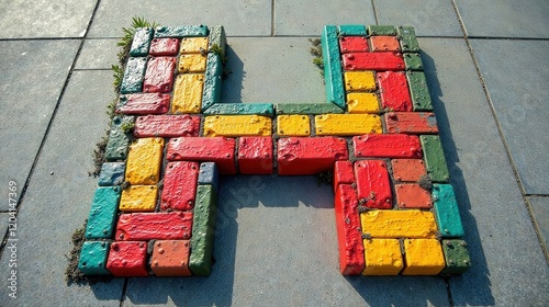 A vibrant letter H crafted from colorful paving stones, nestled amidst burgeoning weeds on a paved surface