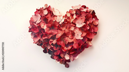 Large Red Heart of Hydrangeas on White Background