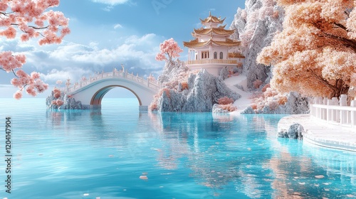 A serene minimalist 3D illustration of the Qixi Festival featuring Guilin mountains and a tranquil sea scene