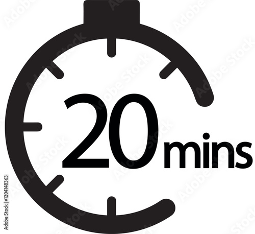 20 Minutes timers clock. Time measure. Chronometer vector icon black isolated on white background.