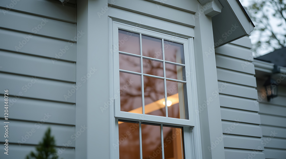 Fototapeta premium Elegant White Window on a Light Grey House Exterior. High-quality image showcasing modern home architecture and design details. Ideal for real estate, home improvement, and architectural websites.