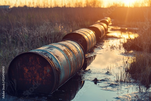 Rusty barrels lined up along a muddy waterway reflecting the warm glow of a sunset in a desolate, overgrown field, showcasing nature's struggle against pollution