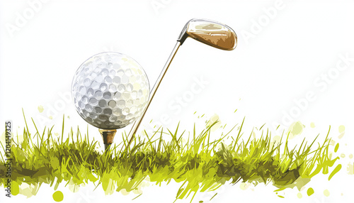 golf ball on tee with club beside it, set in lush green grass, captures essence of sport. This illustration evokes excitement and anticipation for perfect drive