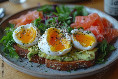 This vibrant plate features avocado toast topped with perfectly cooked eggs, salmon, and fresh greens, ideal for an Easter brunch celebration. photo