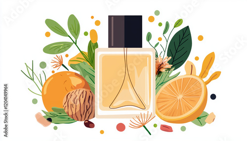 Perfume bottle surrounded by citrus fruits and natural elements, showcasing vibrant and fresh design that evokes sense of nature and elegance