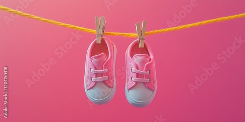 Vibrant baby pink shoes hanging on a line studio setting product photography playful mood close-up view childhood joy, on pink background