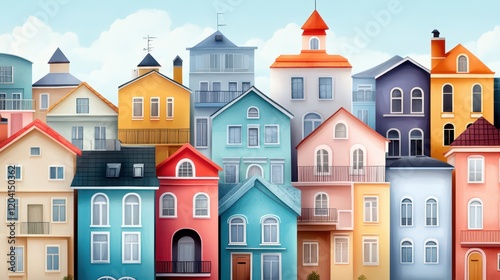 Colorful watercolor painting of vibrant houses with numerous windows on a sunny day