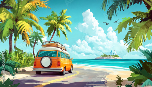 vibrant 2D illustration of retro orange van parked on tropical beach, surrounded by palm trees and clear blue sky. scene evokes sense of adventure and relaxation