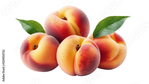 Fresh Juicy Peaches with Green Leaves - Natural Sweet Fruit for Healthy Eating and Summer Delights, isolated on transparent background, White background.