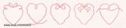Set of romantic vintage ribbon heart frame with coquette bow. Wedding, valentines day line design. Hand drawn victorian style vector illustration