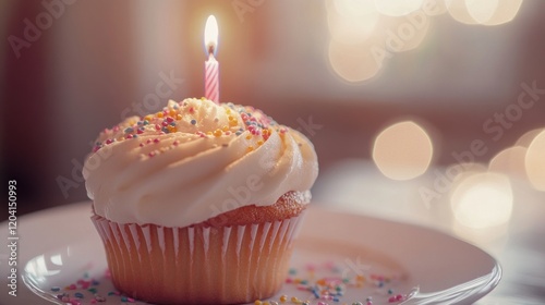 Celebration cupcake with a lit candle and colorful sprinkles ready for a birthday