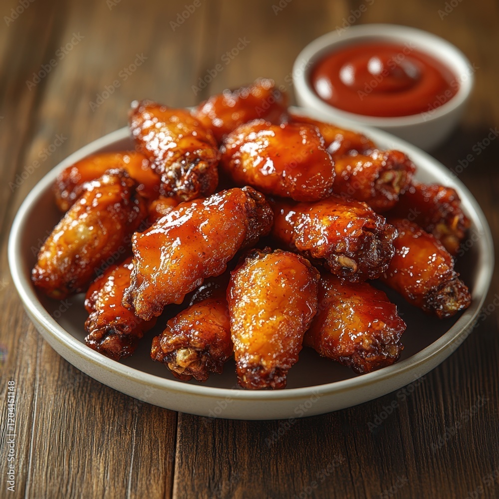 very realistic. high detailed. spicy fried chiken wings on a plate with ketchup on a wooden table, front view, good contrasts very realistic. high detailed. spicy fried chiken wings on a plate with ketchup on a wooden table, front view, good contrasts