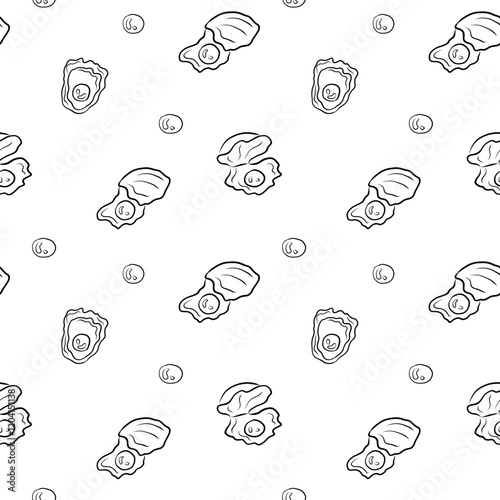Seamless pattern with pearls and mollusk shell, ocean, sea pattern