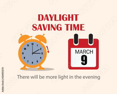 Daylight saving time. Clock set to an hour ahead March 9. Concept of Spring Forward, Summer Time.