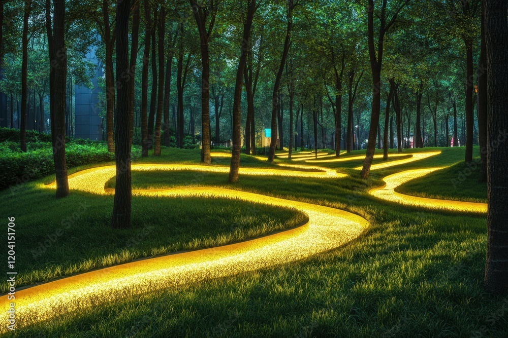 Obraz premium Illuminated Pathway Winding Through A Nighttime Forest