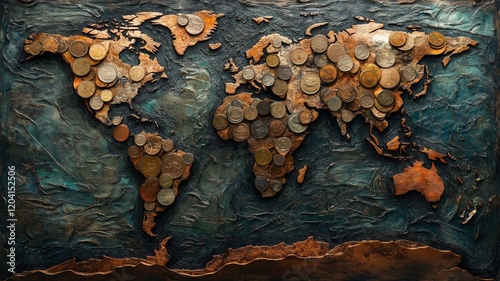 World map created with coins of various origins and ages, showcasing a unique artistic representation of global geography and currency diversity