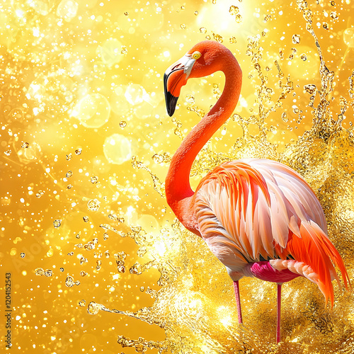 Flamingo standing tall on a golden splash, radiant yellow background