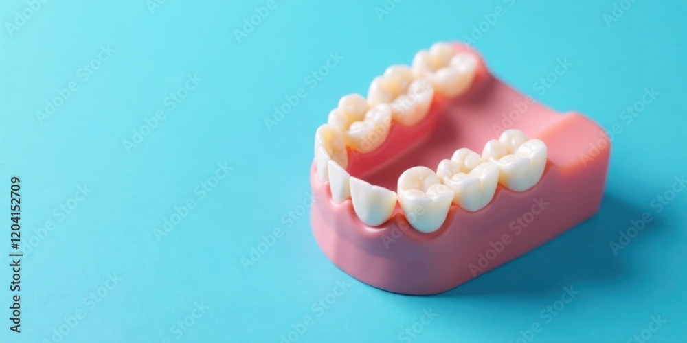 Close-up view of a dental model showcasing healthy teeth against a vibrant blue backdrop Close-up view of a dental model showcasing healthy teeth against a vibrant blue backdrop