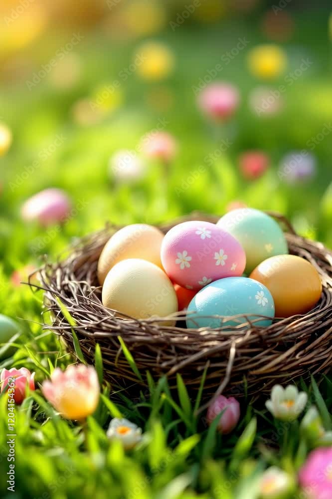 Colorful Easter eggs in natural bird nest on spring grass with pink tulips. Festive holiday decoration in garden setting. Traditional springtime celebration symbols in sunlight Colorful Easter eggs in natural bird nest on spring grass with pink tulips. Festive holiday decoration in garden setting. Traditional springtime celebration symbols in sunlight