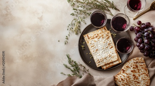 Passover Seder Table Setting with Matzah, Red Wine, Grapes and herbs for the celebration