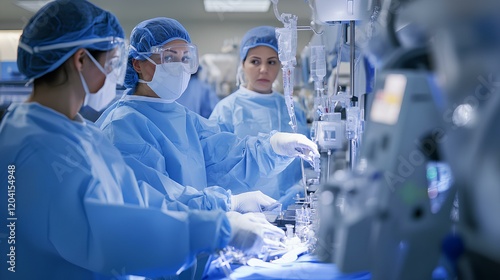 Healthcare workers in protective gear assembling medical equipment in a laboratory during the day.  