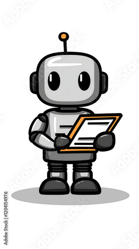 cute cartoon robot holds a clipboard with paperwork It represents digital assistance automation and data processing in a friendly approachable way