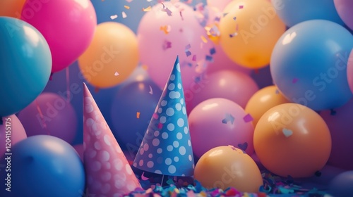 Colorful Balloons and Party Hats with Confetti scattered, perfect for a festive celebration
