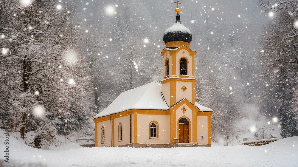 Fototapeta premium Winter night church, moonlit scene, snowy landscape, serene atmosphere, holiday card