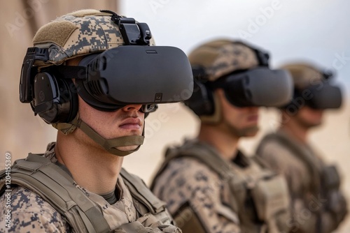 Soldiers in Military Gear Using Virtual Reality Headsets for Training and Simulation Exercises in an Outdoor Environment During Daylight
