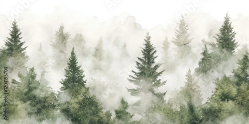 Misty watercolor evergreen forest landscape