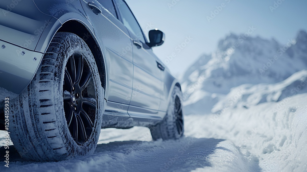 Close Up View of A Silver SUV Car Driving on Snowy Road in Mountains Sunlight Winter Day