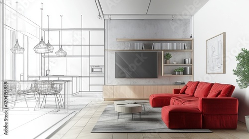 Modern living room with sketch and rendering
